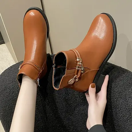 靴子女2023新款秋冬加绒短靴女百搭瘦瘦靴厚底中跟马丁靴鞋子皮鞋图片