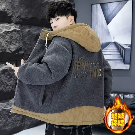 羊羔毛棉服男冬季潮牌连帽派克服夹克宽松休闲加绒加厚颗粒绒棉衣图片