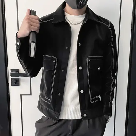 2023秋冬男士夹克外套工装上衣修身翻领明线简约潮流时尚休闲百搭商品大图