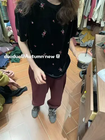 2024春季新款韩版圆领小碎花刺绣丝绒宽松套头短袖T恤女打底衫潮商品大图