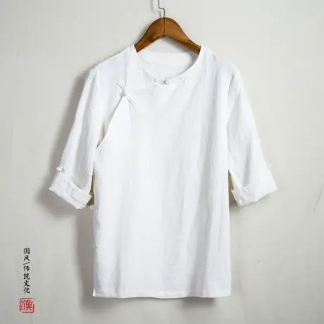 中国风男式盘扣唐装中式茶服秋季粗布麻衣汉服居士服七分袖衬衫图片