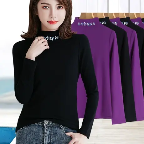 黑色半高领罗纹棉质打底衫秋季新款修身内搭外穿百搭长袖t恤上衣商品大图