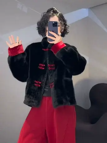 新中式国风撞色盘扣仿水貂毛外套女欧洲站秋冬宽松洋气仿貂绒上衣图片