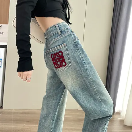 拼色窄版直筒牛仔裤女2024春秋新款复古水洗浅色高腰阔腿裤男友裤商品大图