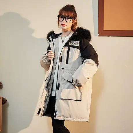 唐狮羽绒服女冬季新款工装户外连帽毛领中长款派克服加厚保暖外套图片