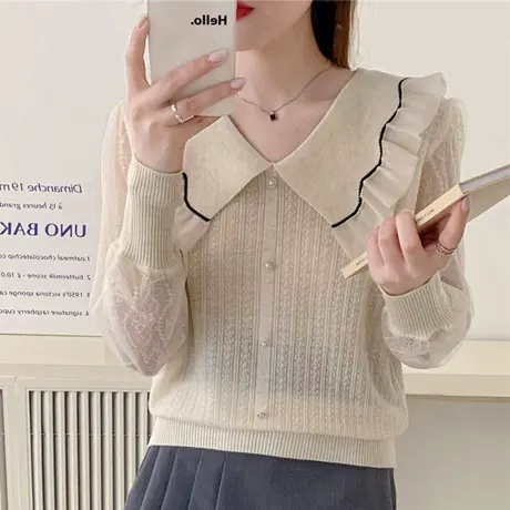 春季2024新款女装薄款娃娃领毛衣打底衫宽松蕾丝袖春秋针织衫上衣图片