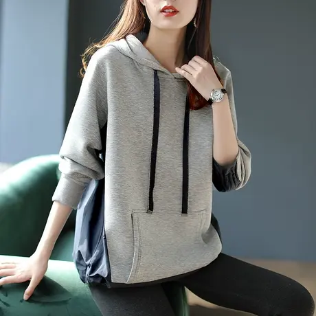 宝诗黎连帽拼接口袋卫衣女早春2024年新款慵懒风时尚宽松气质上衣图片
