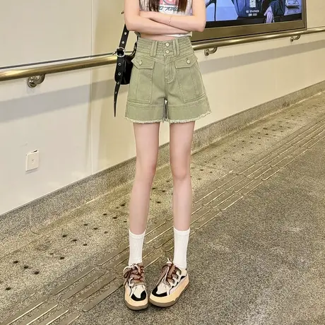 唐狮24年春季新款牛仔短裤女高腰工装口袋毛边潮流时尚个性裤子女图片