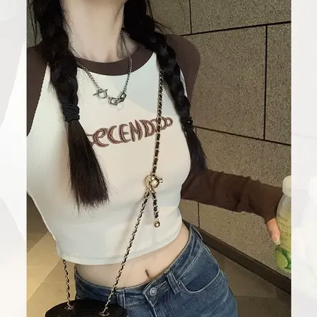 撞色正肩长袖t恤女早秋季2022新款内搭修身短款纯欲风打底上衣ins商品大图