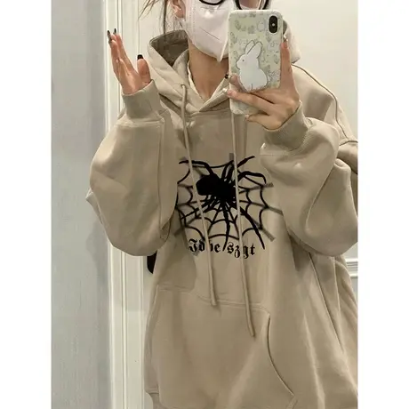 美式复古蜘蛛连帽卫衣女春秋季薄款宽松慵懒风设计感早秋上衣外套图片