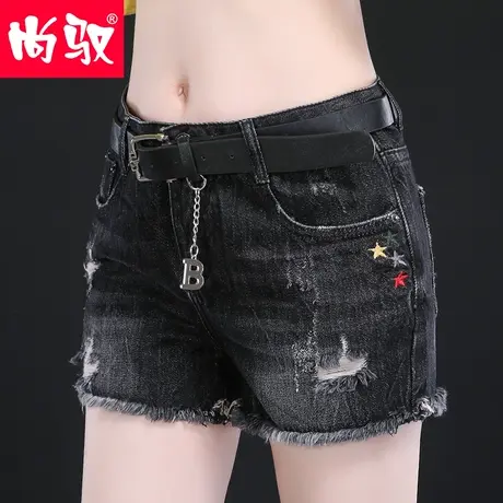 尚驭女装2023春夏新款街拍时尚做旧破洞毛边黑色牛仔阔腿短裤热裤图片