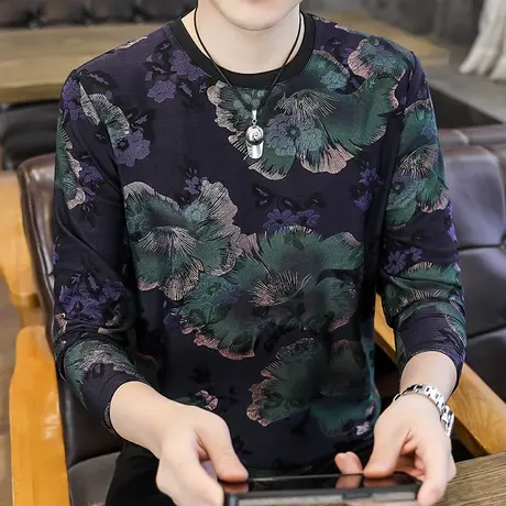 大码T恤男2023秋季新款长袖打底衫潮流圆领秋衣男装冰丝卫衣上衣商品大图