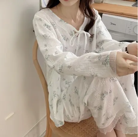 白铃兰与红玫瑰居家睡衣软绵绵日系蕾丝双层纱布纯棉家居服套装商品大图