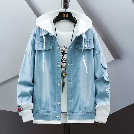 春秋装夹克男薄款假两件外套连帽卫衣韩版牛仔上衣秋季休闲秋衣潮商品大图