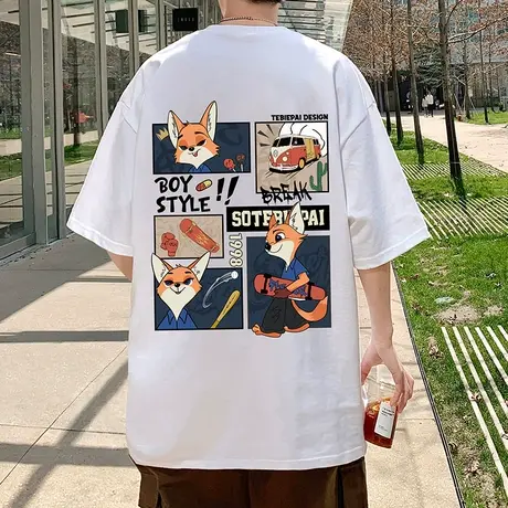 短袖T恤男2024新款潮牌狐狸印花大码圆领半袖ins夏季纯棉体恤上衣商品大图