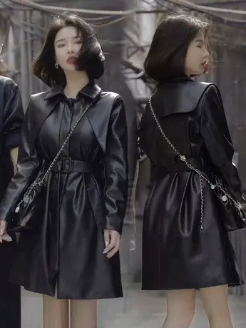 欧货中长款黑色皮衣外套女2024新款设计感收腰系带长袖夹克上衣潮商品大图