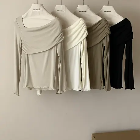 韩系一字领木耳边设计长袖棉T恤女 2024春新品纯色修身百搭上衣商品大图