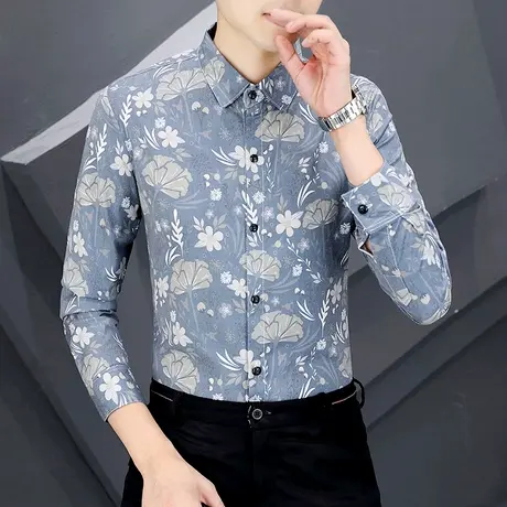 衬衫男长袖潮流碎花秋季韩版修身痞帅衬衣薄款春夏装轻熟风上衣服商品大图