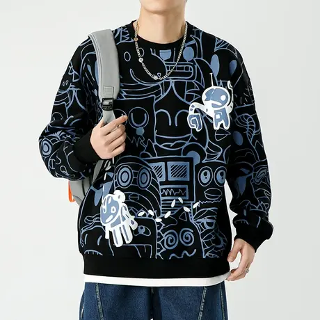 秋天2023新款男士潮牌印花圆领上衣春秋款假两件重磅长袖卫衣秋季商品大图