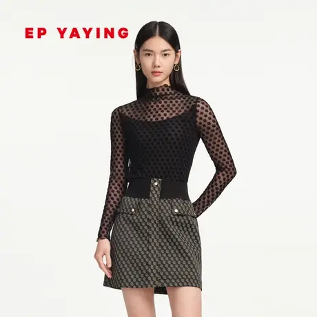 EP雅莹女装 立领木耳边修身网纱内搭打底衫 商场同款5508A图片
