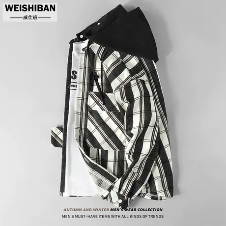 美式休闲小香风撞色格子连帽衬衫男外套潮流阔版痞帅衬衣式夹克衫商品大图