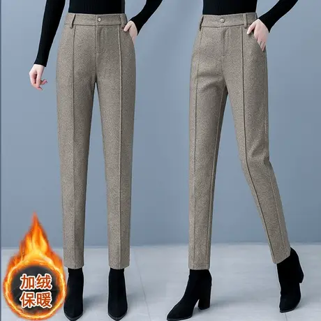 毛呢西装裤女秋冬季加绒加厚休闲哈伦裤2023新款卡其色直筒烟管裤图片