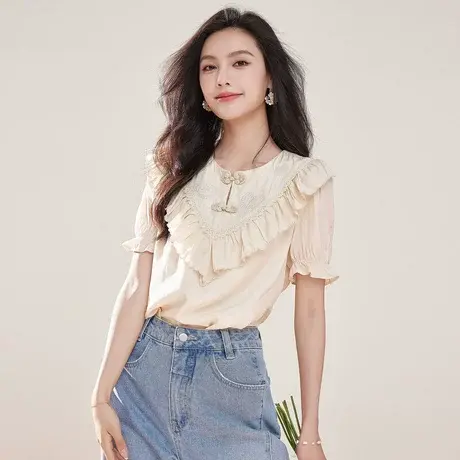 时尚气质盘扣短袖衬衫2023年夏季新款淑女温柔甜美宽松显瘦上衣商品大图
