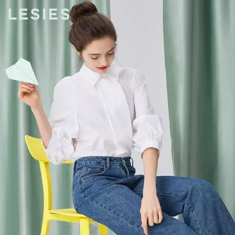 蓝色倾情春秋季女装新款 打底衬衣淑女气质翻领纯色七分袖白衬衫商品大图