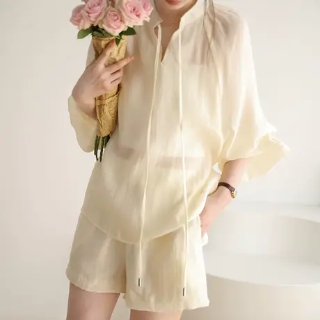 嘉茱莉2023夏季新款防晒套装女薄款纯色天丝上衣短裤女时尚两件套商品大图