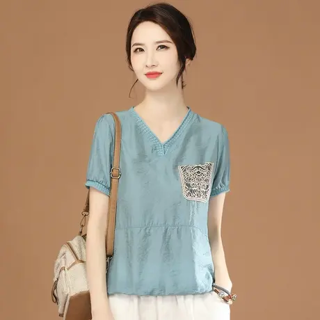 韩潮袭人文艺V领拼接套头短袖衬衣2023夏季新款女衬衫设计感小众图片