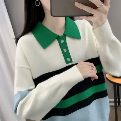 拼色Polo领针织衫女2023秋装新款宽松慵懒风外穿上衣条纹毛衣套头商品大图