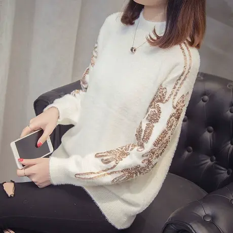 网红毛衣女加厚秋冬装新款半高领套头仿水貂绒打底衫韩版宽松上衣图片