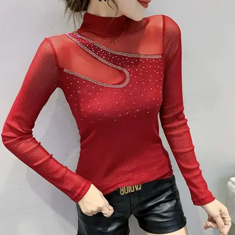 2023秋装新款半高领打底衫女内搭网纱拼接气质上衣重工烫钻T恤ins商品大图