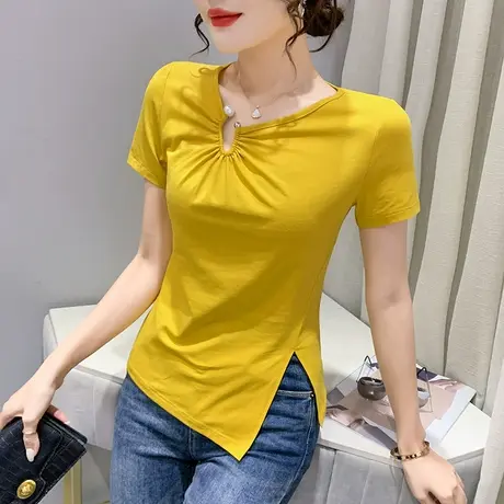 网红短袖女2023新款不规则开叉T恤半袖设计感V领紧身洋气上衣夏装商品大图