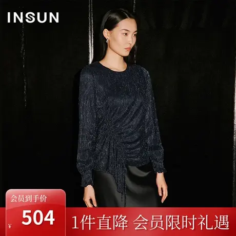 [鎏金系列]恩裳COVER2023秋装时尚圆领轻奢亮丝网纱绑带抽绳上衣商品大图