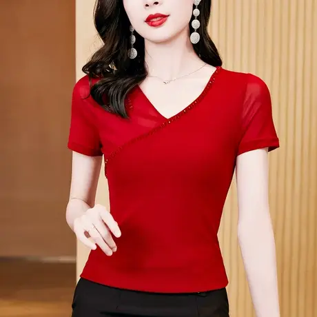 红色短袖t恤女2023夏季新款V领网纱打底衫内搭洋气小衫显瘦上衣薄图片