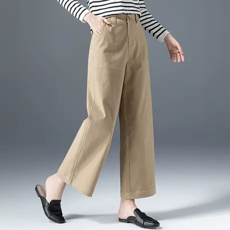 高腰窄版阔腿裤女春秋小个子直筒裤2023新款卡其色裤子休闲九分裤商品大图