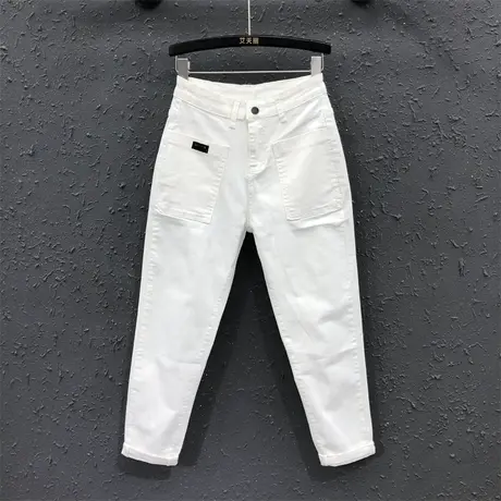 港风休闲白色小脚裤女士裤子2023春夏新款直插口袋帅气牛仔哈伦裤图片