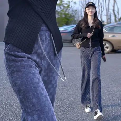 灰色棋盘格裤子女垂感阔腿裤秋季高街加长宽松显瘦直筒休闲裤高腰商品大图