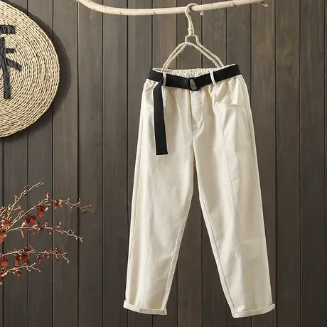 枫谜2021年秋装新款文艺简约全棉休闲长裤女宽松显瘦百搭哈伦裤图片