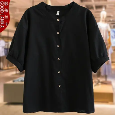 中年妈妈七分袖上衣夏装新款洋气时尚棉麻小衫大码女宽松圆领衬衫商品大图