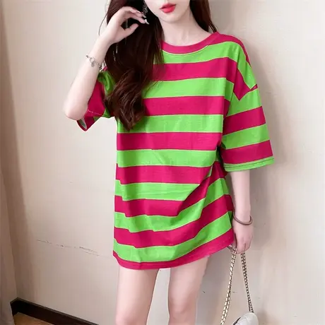 撞色条纹短袖t恤女ins潮夏装宽松bf慵懒风体恤休闲中长款半袖上衣商品大图
