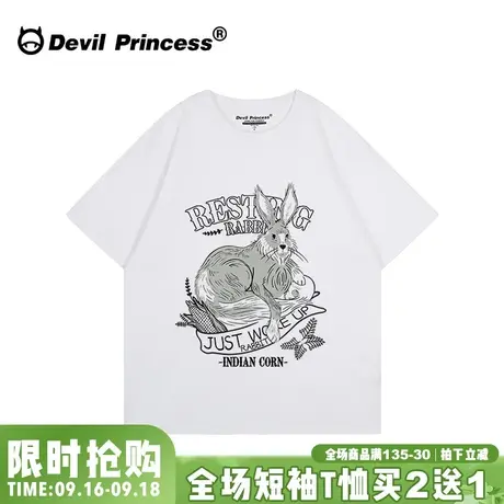 vintage古着感小众ins卡通白色正肩短袖t恤女学院风宽松纯棉上衣商品大图