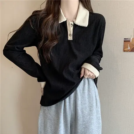 POLO领长袖T恤女秋装学生宽松百搭拼接撞色设计感上衣内搭打底衫图片