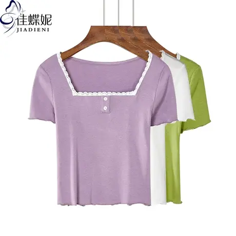 夏季新款韩版纯棉修身显瘦方领荷叶边短款高腰短袖体恤上衣女装图片