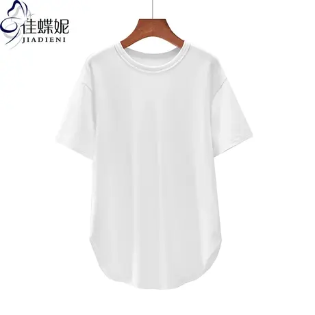 夏季新款韩版圆领纯白宽松中长款白色燕尾摆短袖体恤上衣女打底衫商品大图