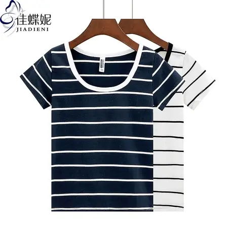 夏季新款韩版圆领撞色条纹修身显瘦纯棉短袖体恤上衣内搭女打底衫商品大图