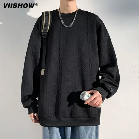 VIISHOW日系圆领卫衣男春秋纹理纯色上衣青少年宽松潮牌套头衫商品大图
