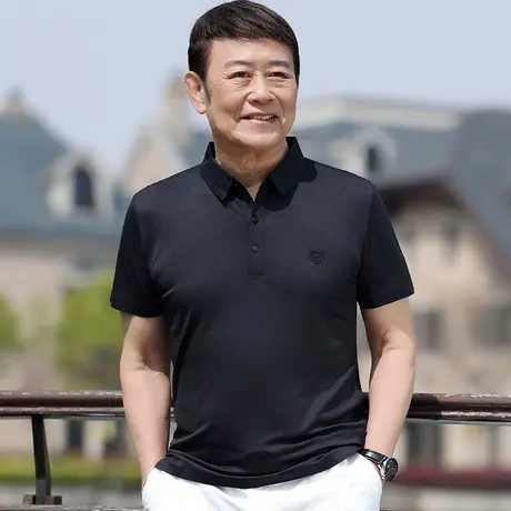 中年爸爸装翻领冰丝t恤男士速干老人夏季薄款短袖polo衫黑色上衣商品大图