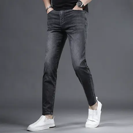 黑灰色冰丝九分牛仔裤男2023夏季新款修身小脚潮牌男士薄款9分裤图片